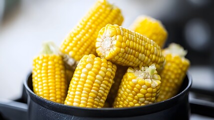 Closeup of Delicious Boiled Corn on the Cob in a Black Pot