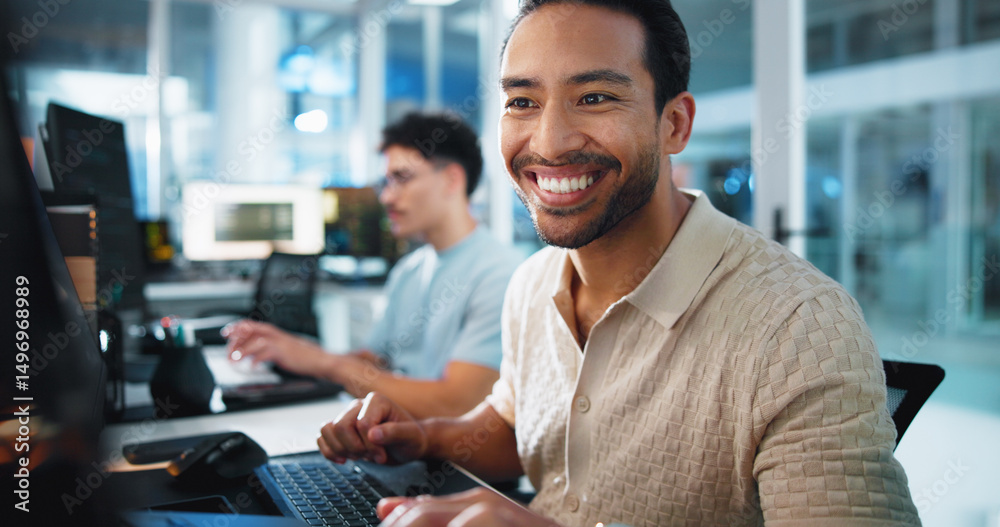 Aufkleber Computer, programmer and smile with man in office for game designer, coding app and ux update. Software development, research and level gameplay with employee in agency for coworking project