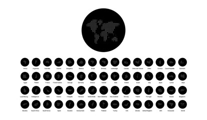 Dotted Country Silhouettes Icon Set. Includes Africa, USA, France, India, China, and 59 other countries in halftone vector style.