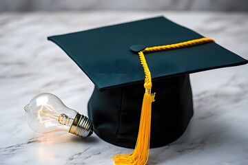 Graduation Cap with Glowing Light Bulb Idea Concept