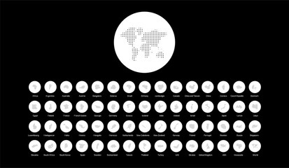 Dotted Country Silhouettes Icon Set. Includes Africa, USA, France, India, China, and 59 other countries in halftone vector style.