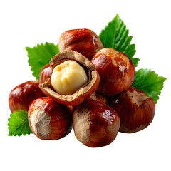 Photorealistic glossy fresh hazelnuts with cracked shells revealing kernels, surrounded by vibrant green hazelnut leaves, with rich texture and natural lighting highlighting their shine

