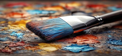 Fototapeta premium Paintbrush on oil paint palette