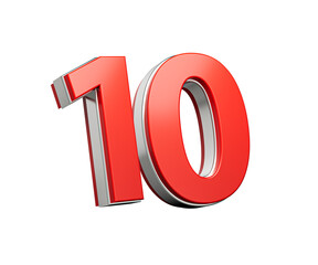 Bold Vibrant Red Number Ten Number 10 With Metallic On White Background 3D Illustration