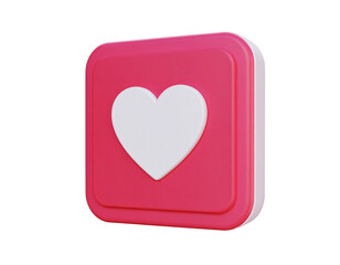 Pink square button with white heart icon isolated on a white background