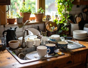 Obraz premium 洗い物が山積みのキッチンシンク