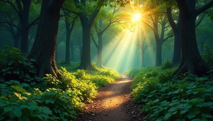 Obraz premium A winding, sun-dappled path through a lush forest, leading towards a distant, unseen destination The journey is both mysterious and inviting, promising adventure and discovery , pathway, sunlight
