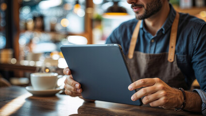 A coffee shop barista uses a tablet to take orders and manage cafe operations.