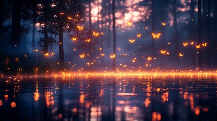 Fototapeta premium Dark Pond Fireflies Magical Glow High Resolution Photo