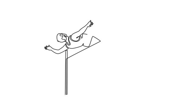Animated self drawing of continuous line draw attractive male athlete practicing at sports stadium, doing high jump. Agile, explosive, precision, flexibility, and power. Full length one line animation