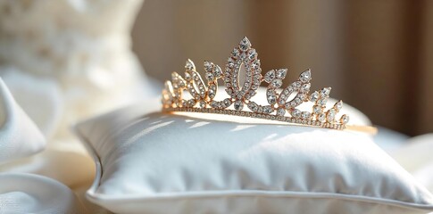 A bride's sparkling tiara rests on a white lace pillow, ready for the wedding ceremony Elegant bridal accessories, perfect for a romantic wedding , flowers, church
