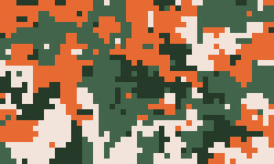 Abstract pixelated camouflage pattern in orange, green, and beige.  Ideal for backgrounds, textiles, or digital designs.