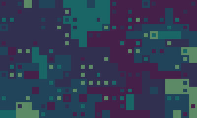 Abstract digital art featuring a mosaic of teal, purple, and green squares.  Ideal for tech, data visualization, or modern design projects.  Represents connectivity, complexity, and the digital age.