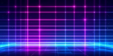 Futuristic neon grid with glowing blue and pink lines forming a digital landscape and starry background