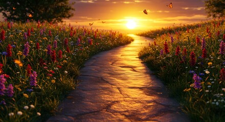 Serene Sunset Path A Magical Journey Through Vibrant Wildflowers and Golden Hour Light