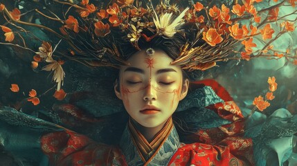 Asian woman lying with eyes closed wearing floral headdress and traditional clothing