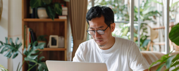 Asian male working on laptop in cozy home office with plants and natural light