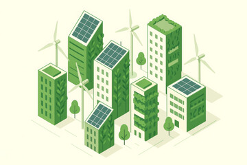 Sustainable city skyline with green buildings covered in plants, solar panels on rooftops, and wind turbines, representing eco friendly urban living and clean energy
