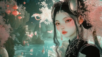 Portrait of Asian Woman in a Dreamlike Lakeside Setting with Blossoming Trees