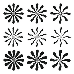 Obraz premium Round geometric shapes with rays. Vintage sunburst icon set elements. Circular thin line beams, stars, sun rise light.