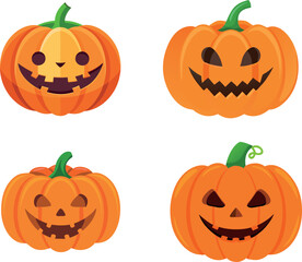 Four Cartoon Halloween Pumpkins with Carved Faces
