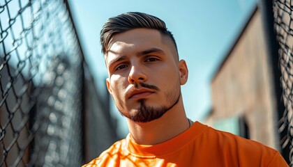 Young man with beard wearing orange, casual shirt in urban city environment, looking serious