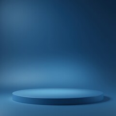 Minimalistic blue circular platform on smooth seamless blue background with soft lighting