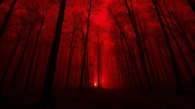 Horror Red Forest with Thick Fog and Eerie Atmosphere at Twilight Creating a Sense of Dread