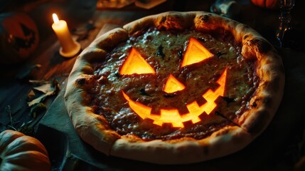 Festive halloween pizza with carved jack-o'-lantern face for spooky celebrations