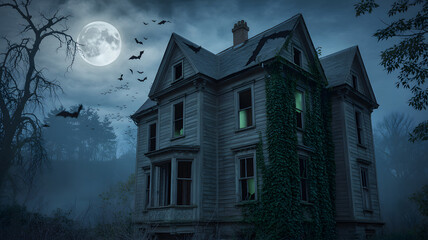 Spooky old house bats moon halloween night