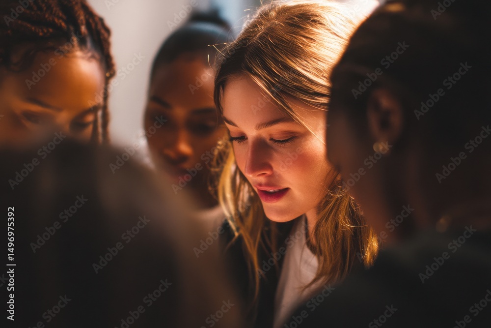 Poster diverse group of women collaborating on a project, representing teamwork and workplace inclusion, wi