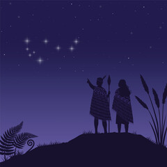 Fototapeta na wymiar Maori couple in traditional attire observe the Matariki star cluster