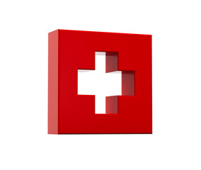 Obraz premium 3D Red first aid icon with a white cross, symbolizing medical help and healthcare. 3d illustration