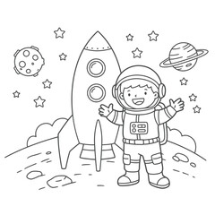 Astronaut with rocket in space suitable for children's coloring page outline vector illustration