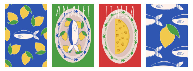 Summer. Italy. Amalfi poster cover template design. Vector illustration of sardines lemons and cheese on the plate and italian seamless Trellis set. EPS 10