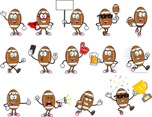 American Football Cartoon Mascot Character. Vector Hand Drawn Collection Set Isolated On Transparent Background
