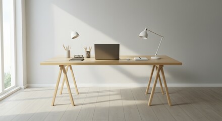 Modern Minimalist Home Office Workspace Light Wood Desk, Laptop, and Desk Lamp