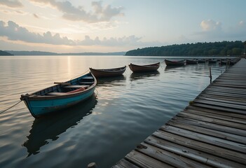 Naklejka premium Peaceful early morning scene with wooden boats tied by a lakeside dock under cloudy sky