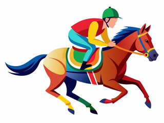  a jockey in colorful racing gear riding a gallopi