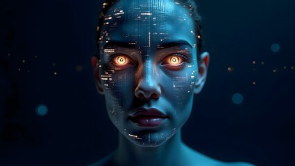 Futuristic Cybernetic Face with Glowing Eyes and Digital Code