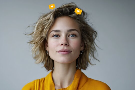 Woman with glowing notification icons smiles against a neutral background in a cozy indoor setting