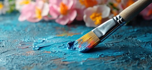 Fototapeta premium Teal blue paint brush stroke on canvas