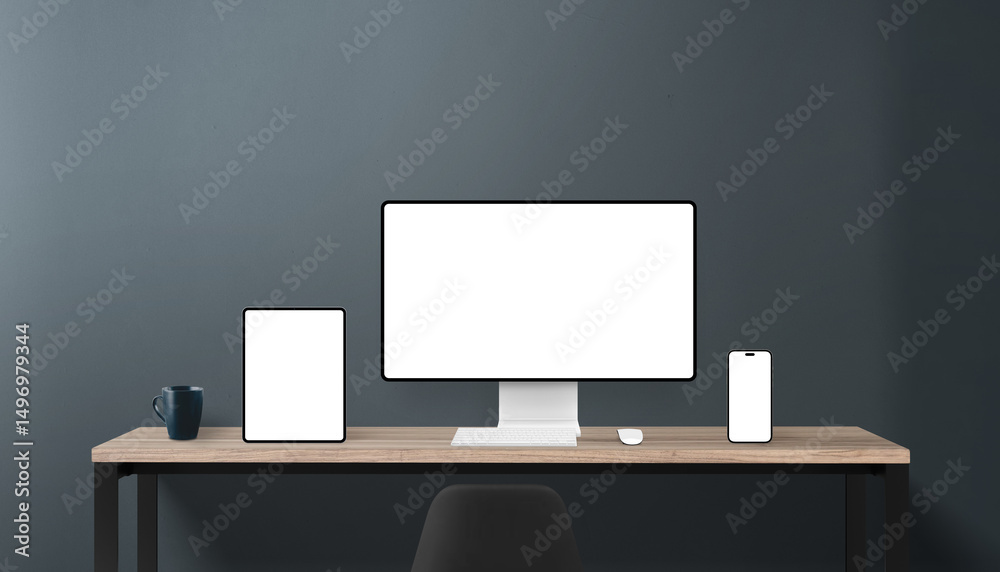Leinwandbilder modern workspace with vertical tablet, smartphone, and desktop monitor, all with white screens for s