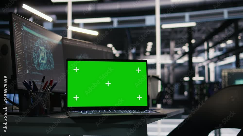 Poster chroma key laptop and desktop pc used for visualizing ai workloads and inspecting server room layout