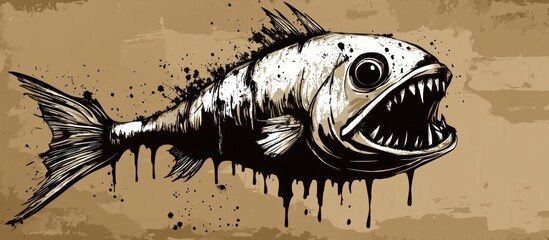 Aggressive stylized piranha drawing with dripping black paint against textured canvas