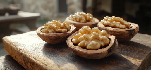 Walnuts kernels on wooden board