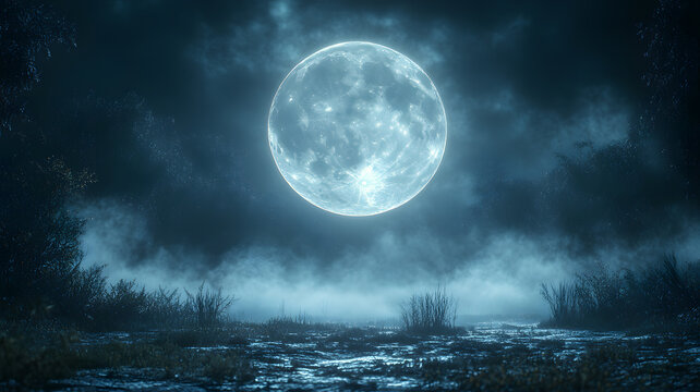 Mystical full moon over foggy night landscape