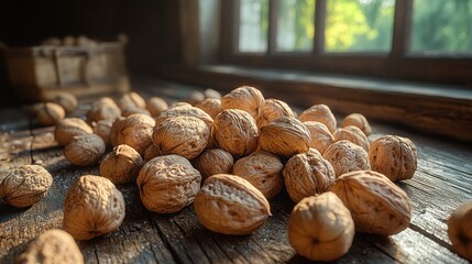 Walnuts on wooden surface