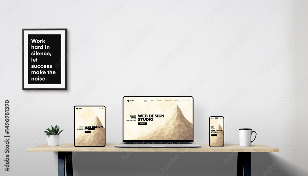 Poster responsive web design displayed on laptop, tablet, and phone in modern workspace with plant, coffee 
