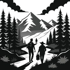 Mountain Trail Hiking Silhouette Black and White
